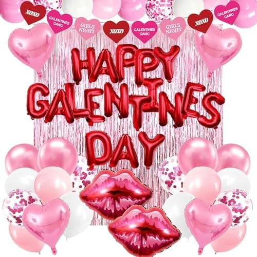 DMIGHT 51 Pcs Happy Galentines Day Decorations Set, 18pcs Red Letter Balloons, Pink Heart and Lips Foil Balloons, Pink Backdrop & Banner Cute Galentines Day Decorations for Girls Party