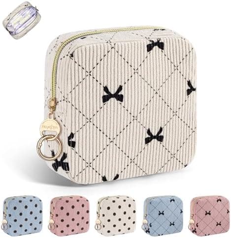 Playexen Period Bag for Teen Girls, Corduroy Cute Sanitary Napkin Storage Bag, Menstrual Pad Pouches Tampon Holder for Purse (Beige-Bow Tie)
