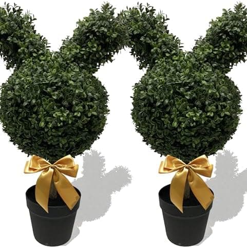 BLONYUVC 30'' Artificial Bunny-Shaped Topiary Tree Pot UV-Resistant Bowknot Faux Boxwood Topiaries Plant for Porch Decor Outdoor/Indoor 2 Pack