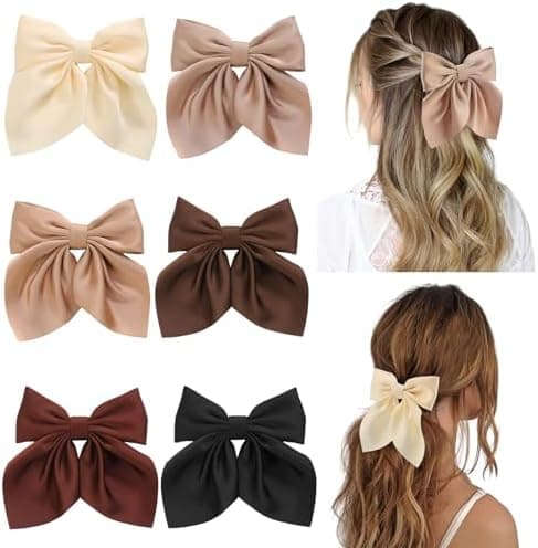 6Pcs Hair Bows for Women, Bow Hair Clips, Silky Satin Hair Bows for Girls, Neutral Colors Hair Ribbon, Cute Bow Clips for Women, Hair Accessories Gifts