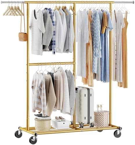 Raybee Heavy Duty Clothes Rack Load 450LBS, Metal Garment Rack, Clothing Racks for Hanging Clothes with Wheels, Rolling Commercial Portable Rack, Gold