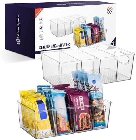 ClearSpace Plastic Pantry Organization and Storage Bins with Removable Dividers – Perfect Kitchen Organization or Kitchen Storage – Refrigerator Organizer Bins, Cabinet Organizers (2 Pack)