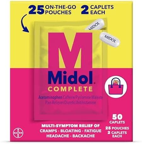 Midol Complete On The Go Caplets with Acetaminophen for Menstrual Symptom Relief, Period Cramp and Menstrual Pain Relief, 50 Count (25 Pouches of 2)