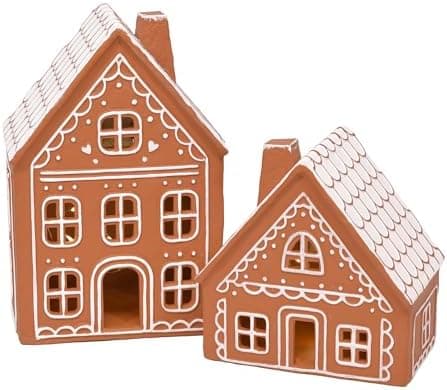 Mark Feldstein & Associates Ceramic Iced Gingerbread Houses Holiday Pre Lit LED Village Figurines, Set of 2, 9 Inch