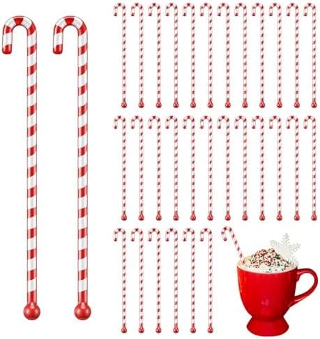 SiliFine 30 Pcs Winter Drink Stirrers Xmas Stir Stick Holiday Coffee Swizzle Stick Reusable Plastic Hot Cocoa Bar Chocolate Decoration Cocktail Mixer(Candy Cane,Red and White)