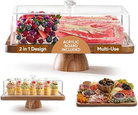 HOMESPHERE Acacia Wood Cake Stand with Lid - Rectangular Cake Holder, 2-in-1 Dessert Table Display Set & Charcuterie Board for Cheese, Chips, Fruit Platter, Large Acrylic Cake Dome Cover, No Glass