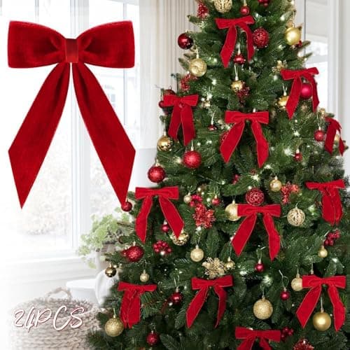 Christmas Decorations - Christmas Bows - 24 Pcs 7 x 6 inch Medium Red Velvet Bows for Christmas Tree - Burgundy Xmas Ribbon Ornaments - Home Decor for Wreath Garland Gift Wrapping Crafts Wedding Party