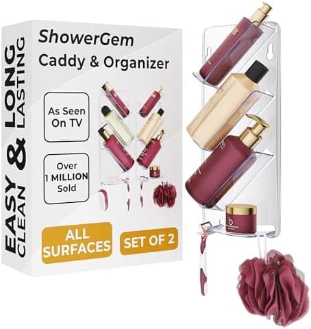 ShowerGem Easy Clean Shower Caddy, 2 Pack Durable Rustproof Bath Organizer, No Suction Cups, No Screws, Wall Mounted Adjustable Shower Rack, Acrylic Shelves As Seen On Instagram