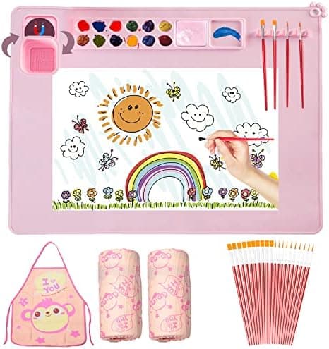 Lymoc Silicone Painting Mat,Painting Stations Kit [1x Apron,1 Pair Oversleeve,20 Pieces Brushes] Craft Silicone Mats 21"X17" with Detachable Cup for Kids Gift,Paint, Clay, DIY Projects