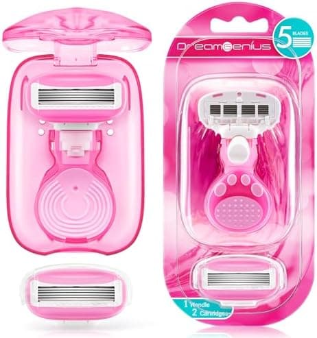 DreamGenius Travel Razors for Women, Travel Size Toiletries Include 1 Handle and 2 Cartridges, Extra Smooth 5-Blade Travel Essentials Razor with Case for Shaving, Pink