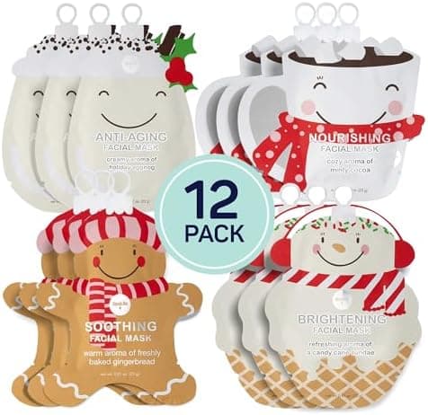 SpaLife Beauty Holiday Treats Christmas Face Mask Bundle | Korean Facial Mask | Hydrating, Soothing and Moisturizing Sheet Mask Set | Stocking Stuffers for Women | Bulk Christmas Gifts | 12 Pack