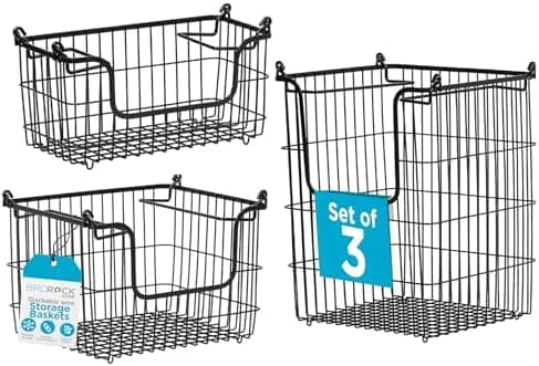 BIRDROCK HOME 3pc Stackable Wire Storage Bins - Fruit Vegetable Organizer - Modern Farmhouse - Pantry Cabinet - Metal Bin for Kitchen Countertop - Bathroom Storage - Black