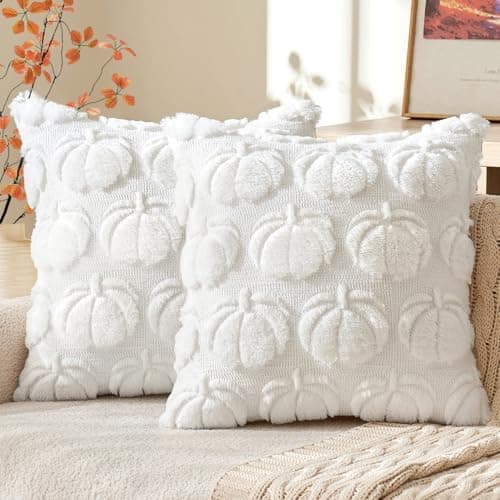 MIULEE Fall Throw Pillow Covers 18x18 Set of 2 Autumn Decorations Pure White Pumpkin Accent Pillowcase for Outdoor Porch Sofa Couch Bed Living Room Plush Faux Fur Halloween Farmhouse Home Decor