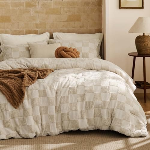 Bedsure Twin/Twin XL Size Comforter Set Beige, Boho Tufted Bed Set, Checkered Farmhouse Shabby Chic Bedding, 2 Pieces, 1 Plaid Geometric Comforter and 1 Pillow Sham