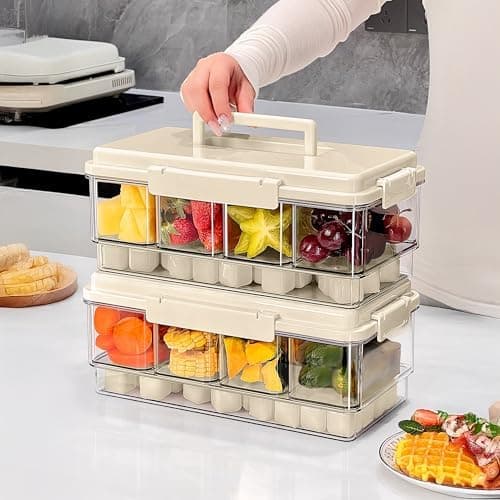 2Pack Chilled Condiment Caddy with 4 Containers 4 Lids Fruit Serving Tray Platter with Handle Portable Snackle Box Organizer Server with Ice Pack for Mimosa Bar Supplies,Salad,Taco,Party Garnish,Beige