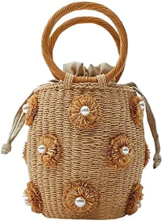 NIBD Flower Pearls Rattan Tote Bag Summer Beach Drawstring Straw Bucket Bag Diamonds Woven Handbag