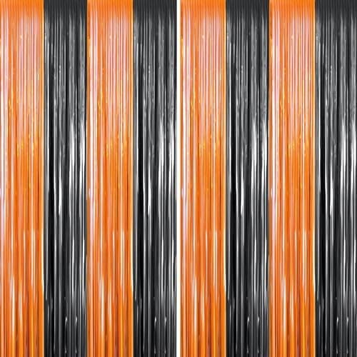 FECEDY 2 Packs 3.3ft x 6.6ft Orange Black Metallic Tinsel Foil Fringe Curtains Photo Booth Props for Halloween Birthday Bridal Shower Baby Shower Bachelorette Holiday Celebration Party Decorations