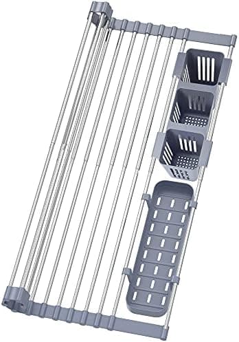 BBXTYLY Expandable Roll Up Dish Drying Rack Up to 22.8''with 2 Storage Baskets,Over The Sink Kitchen Rolling up Dish Drainer Drying Rack, Foldable,Rollable,for Kitchen Dishes(Expandable Width Size)