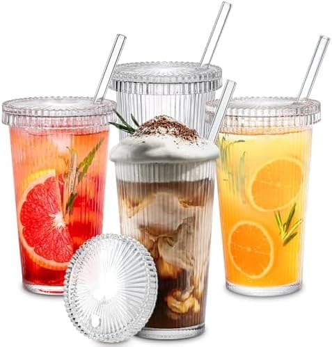 Combler Glass Cups with Lids and Straws, 12 oz Iced Coffee Cup for Coffee Bar Accessories, Ribbed Glasses Drinking Set of 4, Irish Coffee Glasses for Home Decor, Birthday Gifts for Women