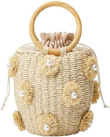 Summer Straw Bag for Women Pearl Flower Bucket Tote Bag Diamond Handbag Hand Woven Rattan Shell Purse Drawstring