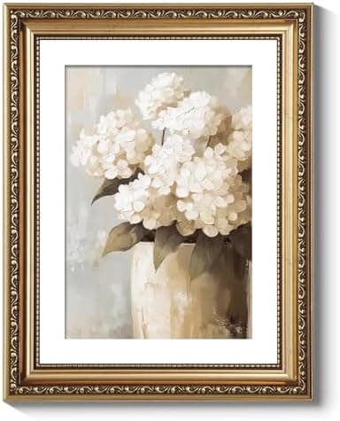ARPEOTCY Vintage Gold Framed Wall Art Decor, 11x14 Inch Retro White Hydrangeas Prints, Farmhouse Floral Wall Art for Living Room Bedroom, Botanical Bathroom Decor Aesthetic