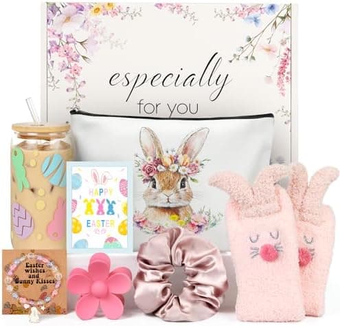 Nanadaya Easter Gifts for Teens Girls Women Adults,7 PCS Bunny Gifts Set with Iced Coffee Cup,Bracelet,Socks,Bag,Hair Clip & Scrunchy,Perfect Easter Basket Stuffers for Teens Girls Adults