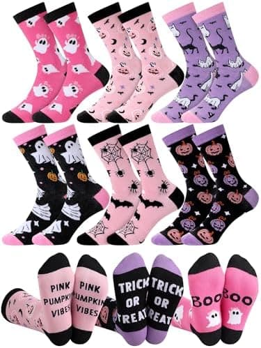 Shyyween 6 Pairs Pink Christmas Socks for Women Girls Novelty Santa Claus Snowflakes Patterns Cotton Crew Sock Xmas Gifts