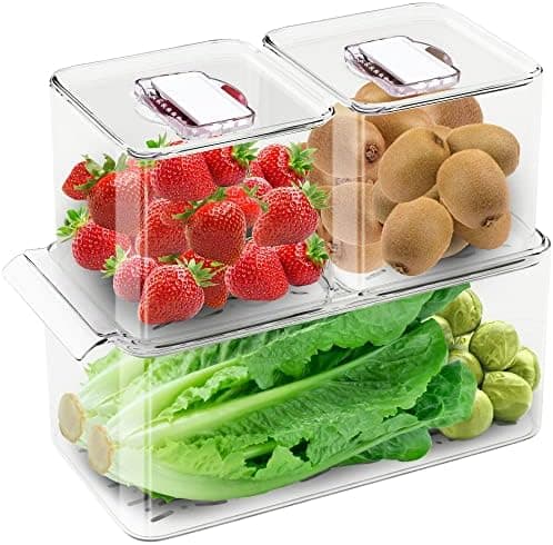 WAVELUX Produce Saver Containers for Refrigerator, Food Fruit Vegetables storage, 3 Pcs Stackable Freezer Fridge Organizer, Fresh Keeper Drawer Bin Basket with Vented Lids & Removable Drain Tray