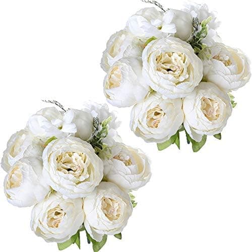 Nubry 2pcs Artificial Peony Silk Flowers Bouquet for Wedding Home Garden Decoration(White)