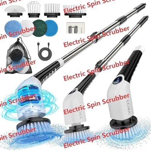 YKYI Electric Spin Scrubber,Cordless Cleaning Brush,Shower Cleaning Brush with 8 Replaceable Brush Heads, Power Scrubber 3 Adjustable Speeds,Adjustable & Detachable Long Handle,Voice Broadcast
