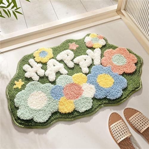 WOFNA Boho Bathroom Rugs- 28" x 18" Non-Slip Small Bath Mat Soft Absorbent Green Shower Rug, Cute Aesthetic Washable Bath Floor Mat for Bathtub, Shower and Home Decor