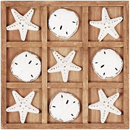 NIKKY HOME Beach Tic Tac Toe for Fun Starfish Sand Dollar Coastal House Coffee Table Decor Wood Board Travel Game, 8.97 by 8.97-in Distressed White