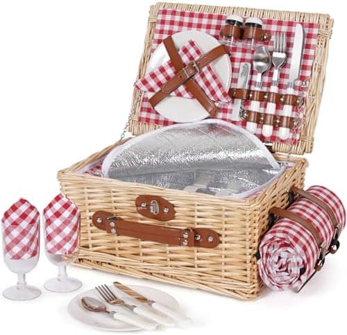 HappyPicnic Picnic Basket Set for 2 - Wicker Picnic Basket with Waterproof Blanket & Insulated Liner, Large Handmade Willow Hamper with Cutlery Kit for Outdoor, Picnic, Camping, Party, Holidays (Red)