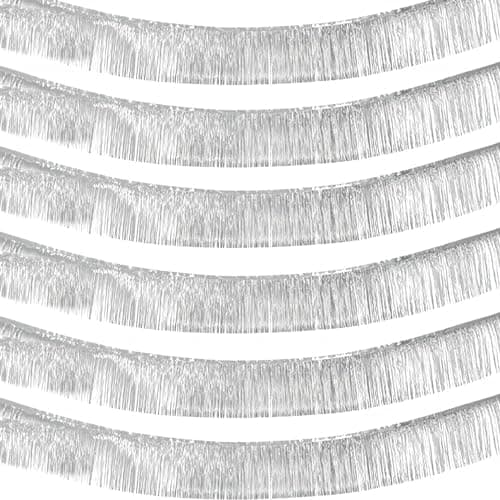 6 Pack 10 Feet 2024 New Year Foil Fringe Garland Metallic Tinsel Banner Wall Hanging Curtain Streamers Backdrop for Parade Floats Bachelorette Wedding Birthday Party Christmas Decorations(Silver)