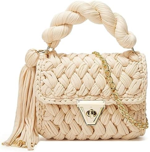 Chunky Yarn Knit Crochet Tote Purse Crossbody Bags for Women - Handwoven Evening Clutch Flap Shoulder Bag