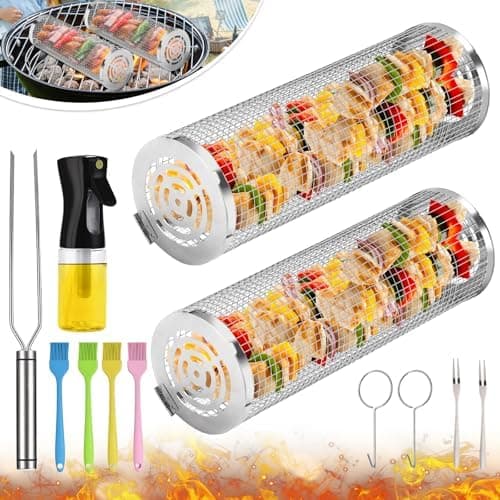 Grill Basket, Stainless Steel Rolling Grill Basket Mesh for Fish, Shrimp, Meat, Vegetables, Fries - Portable Barbeque Accessories for Outdoor Grilling