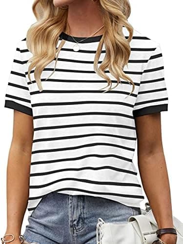 Womens T Shirt Short Sleeve Crew Neck Basic Color Block Tee Tops