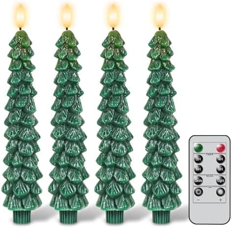 GenSwin Christmas Tree Flameless Taper Candles with Remote Timer, Christmas LED Taper Candles with 3D Flame, 4 Pcs Green LED Candlesticks for Christmas Home Decoration(0.78” x 9.8”)