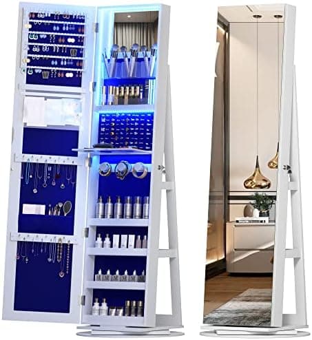 Vlsrka 360° Swivel Mirror Jewelry Cabinet, Large Jewelry Armoire Cabinet Standing, Lockable Full Length Mirror with Storage, 3 LED Lights, Foldable Makeup Shelf, Blue Velvet, White