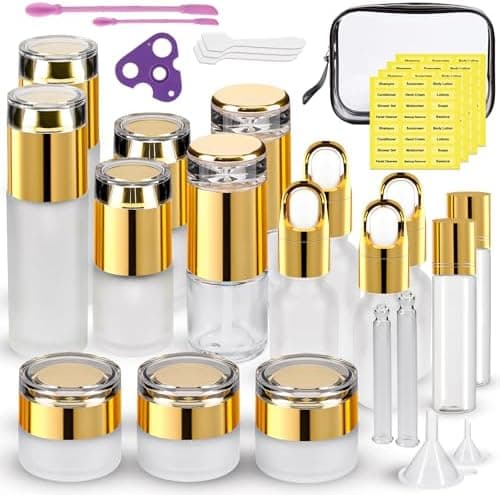30 Pack TSA Approved Glass Travel Skincare Containers, 1.3/1/0.7/0.3oz Refillable Traveling Size Containers with Pump, Jars & Essential Oil Bottle in Clear Zip Bag, Leak-Proof for Creams & Liquids