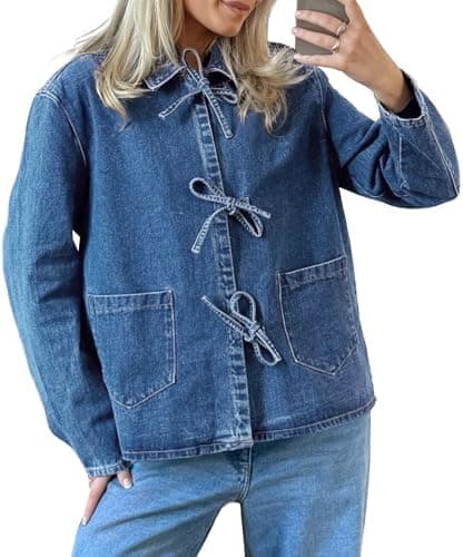 PLNOTME Womens Denim Jackets Casual Loose Fit Tie Front Tops Fashion Jean Coat with Pockets, Small, Blue