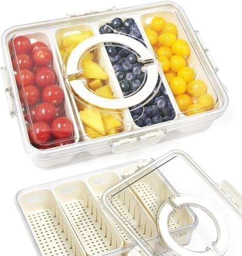 Yuroochii Snackle Box Container: Divided Serving Tray with Lid&Handle, 4 Compartments Portable Snack Veggie Tray for Candy Nuts Party Picnic