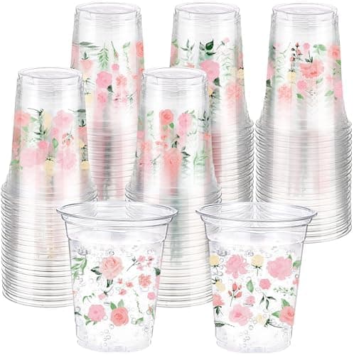 Hushee 60 Pcs Pink Floral Cups with Spring Summer Flower 16 oz Wildflowers Plastic Disposable Drinking Cups for Summer Spring Birthday Baby Shower Wedding Party Supplies
