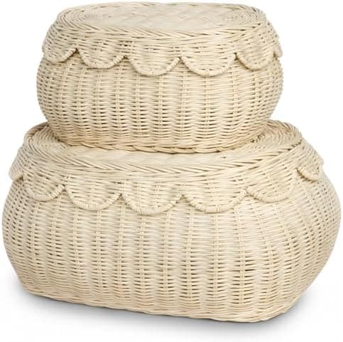 BEBE BASK The Original Scalloped Basket Set Of 2 – Small Scallop Basket - 15 x 11 x 6 In - Hand-Woven & Award-Winning - Elegant Wicker With Scalloped Edge Lid - Nursery Storage - (Natural)