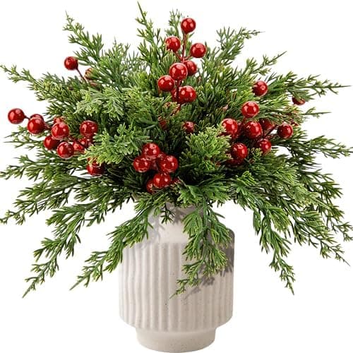 Watayo 60 Pcs Christmas Artificial Pine Branches with Red Berry Stems, 10.5" Faux Evergreen Norfolk Pine Cypress Leaves Stems, Fake Foliage Pine Needles Picks for DIY Craft Garland Home Decor
