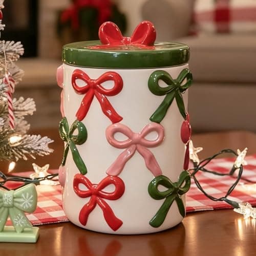 DIF DECO Christmas Ceramic Food Storage Jars with Lid, 56 OZ Xmas Hand-Painted Red and Green Bow Kitchen Containers for Coffee, Cookie, Snacks, Tea, Spice, Cereal, Nut, Flour