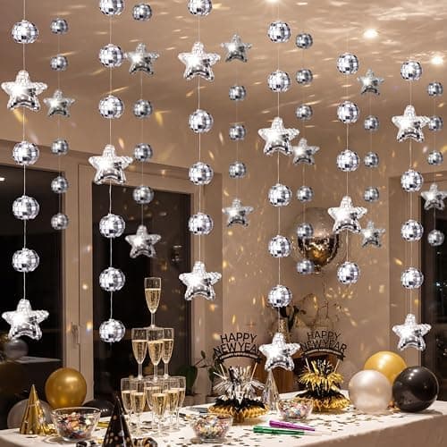 Threehoney 6 Pack 29.4ft Hanging Disco Ball and Star Garlands, Hanging Silver Mirror Ball Streamer for 70s Disco Party Decorations, Birthday, Wedding, Prom, Bachelorette Party Backdrop