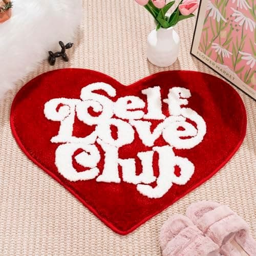 ELDONE Self Love Club Rug Heart Shaped - Cute Bath Mat Non Slip, Funky Aesthetic Groovy Small Accent Rugs for Bedroom Bathroom, Girls Preppy Room Decor, Red Heart Rug 28"x23"