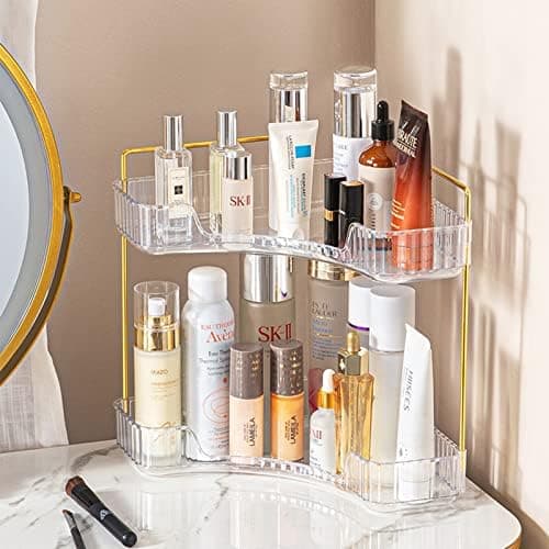 shuang qing 2-Tier Corner Bathroom Counter Organizer – Classic Storage Shelf for Makeup, Perfume & Toiletries, Space-Saving Countertop Tray Fits Bathroom, Dresser, Kitchen (Classic White)