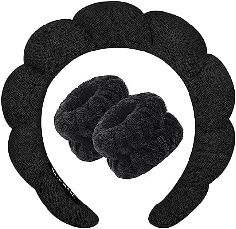 Zkptops Spa Headband for Washing Face Wristband Sponge Makeup Skincare Headband Terry Cloth Bubble Soft Get Ready Hairband for Women Girl Puffy Padded Headwear Non Slip Thick Hair Accessory(Black)